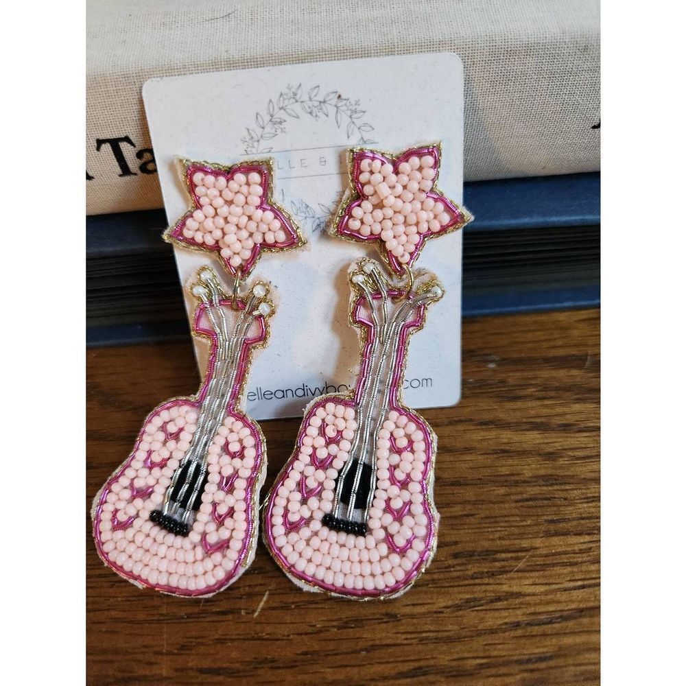 Pink seed bead guitar earrings